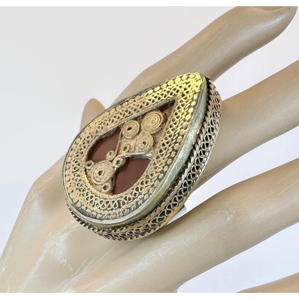 Vintage Boho Ring Afghan: Middle Eastern Red Enamel Brass Ethnic Bohemian Big